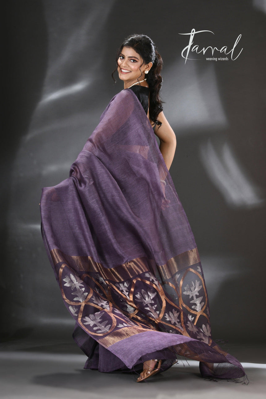 Dark Lavender zari lotus silk linen handwoven jamdani saree - Tamal Boutique