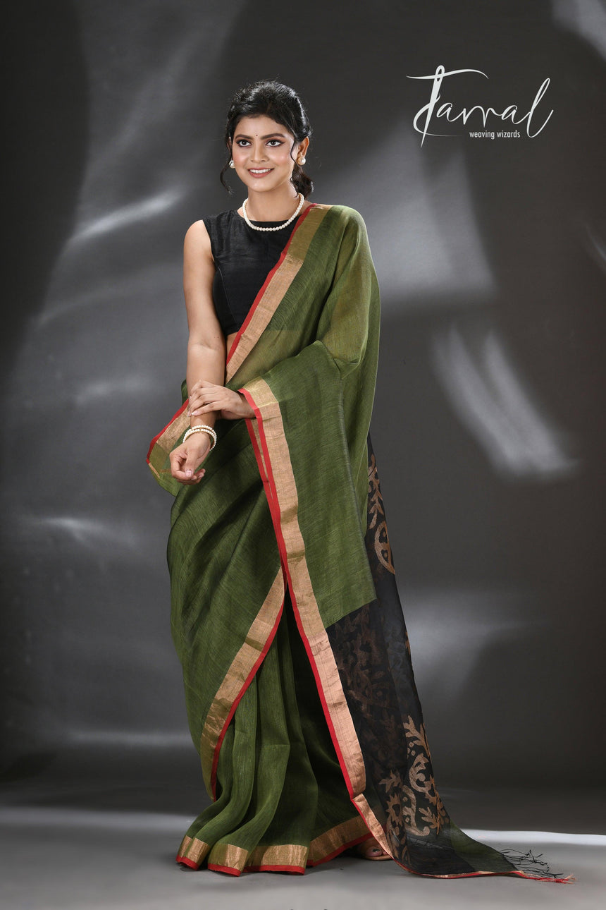 Moss green with gold zari pallu silk linen handwoven jamdani saree - Tamal Boutique