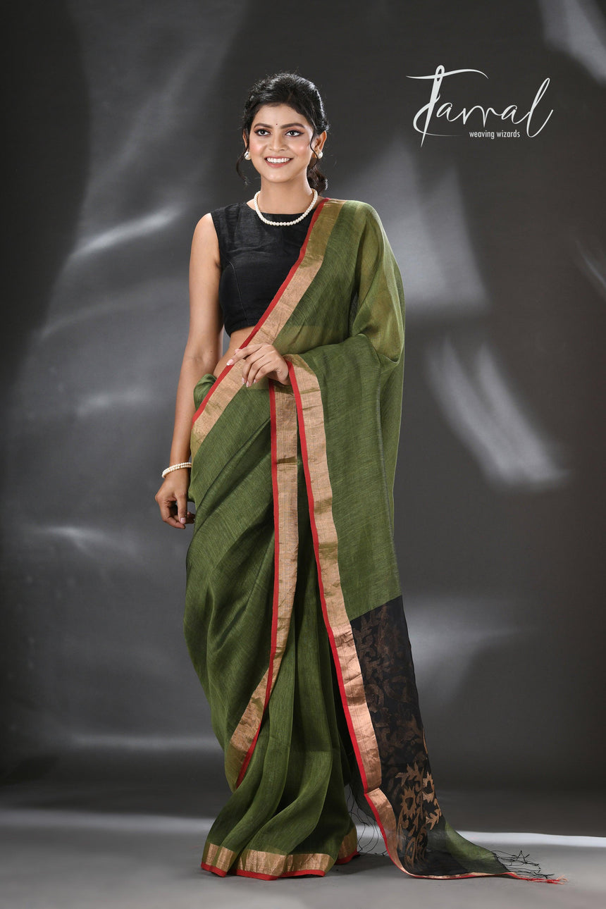 Moss green with gold zari pallu silk linen handwoven jamdani saree - Tamal Boutique