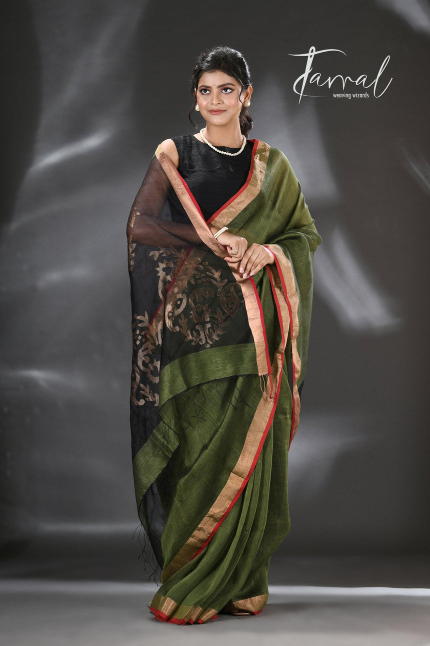 Moss green with gold zari pallu silk linen handwoven jamdani saree - Tamal Boutique