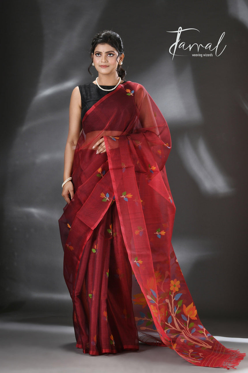 Maroon floral handwoven muslin silk jamdani saree - Tamal Boutique