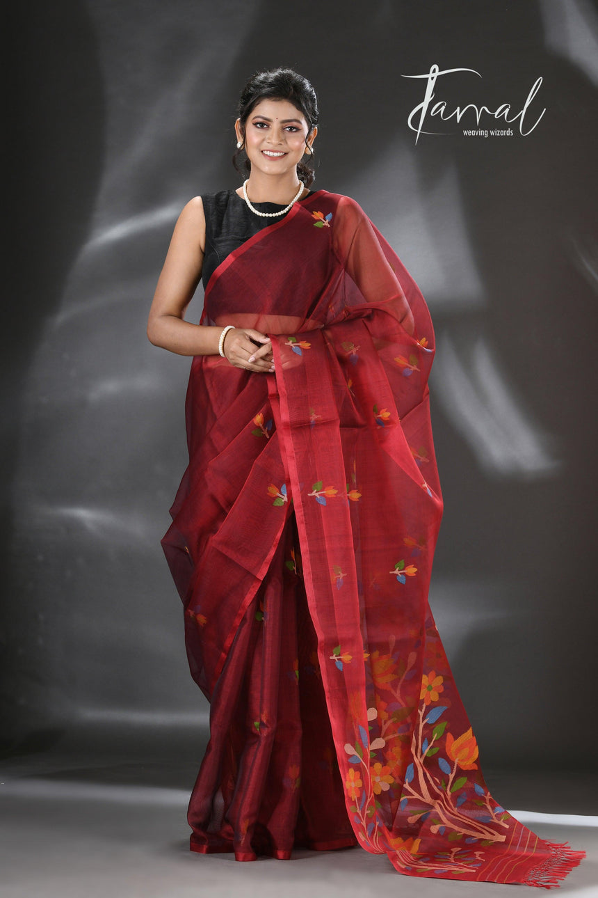 Maroon floral handwoven muslin silk jamdani saree - Tamal Boutique
