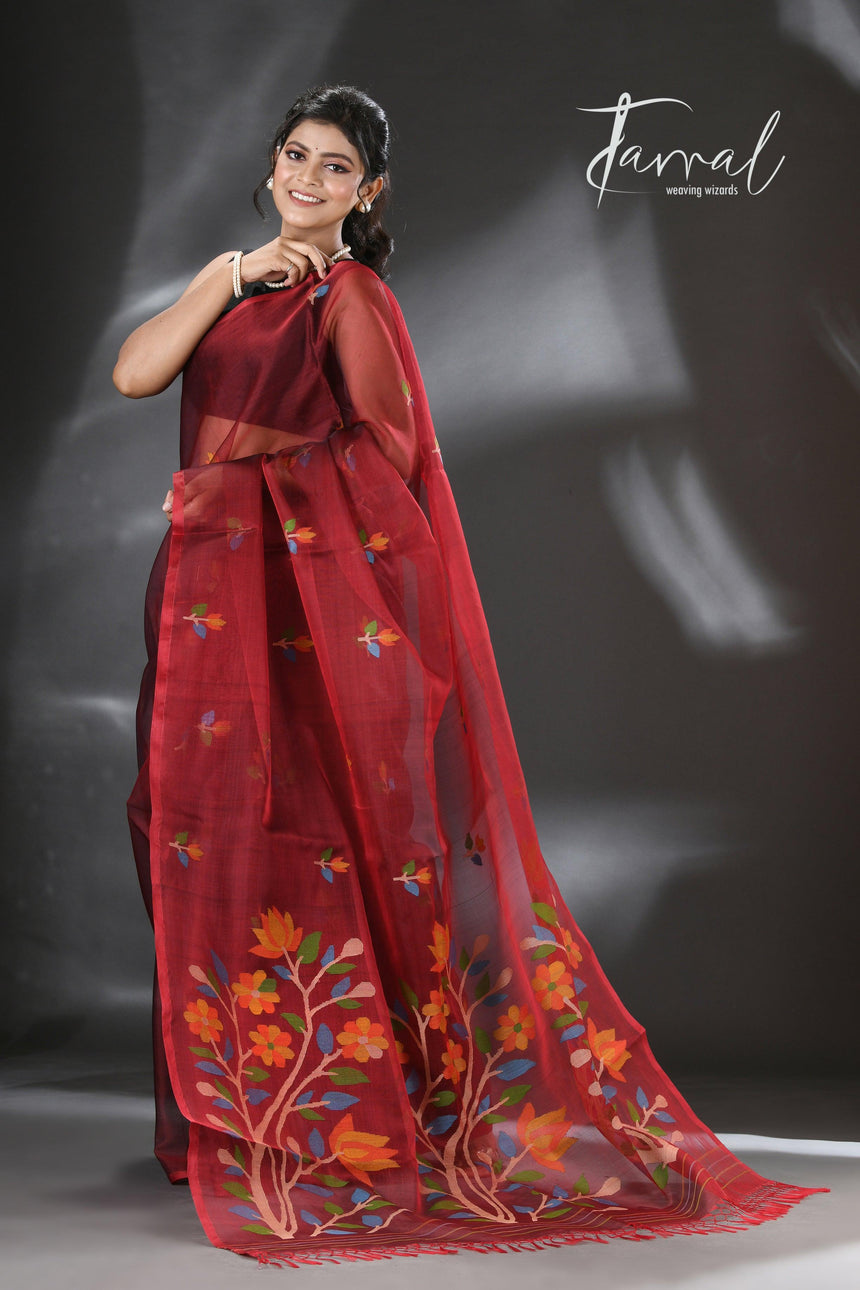 Maroon floral handwoven muslin silk jamdani saree - Tamal Boutique