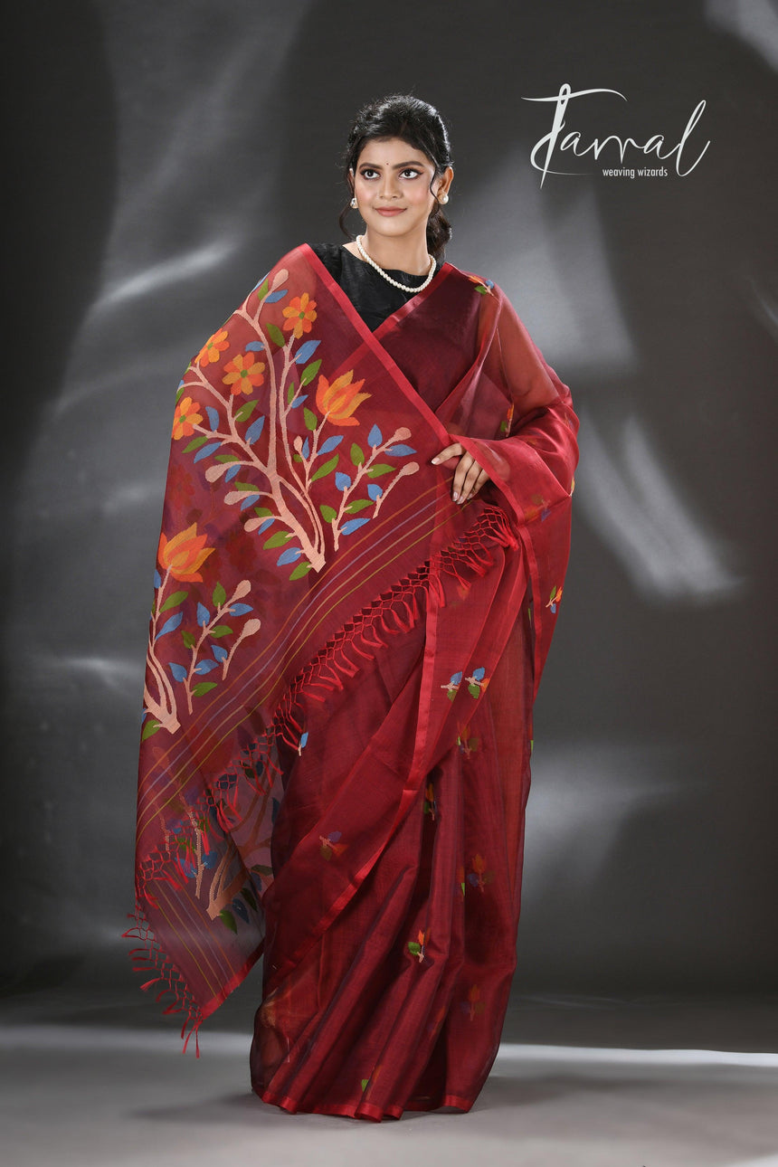 Maroon floral handwoven muslin silk jamdani saree - Tamal Boutique