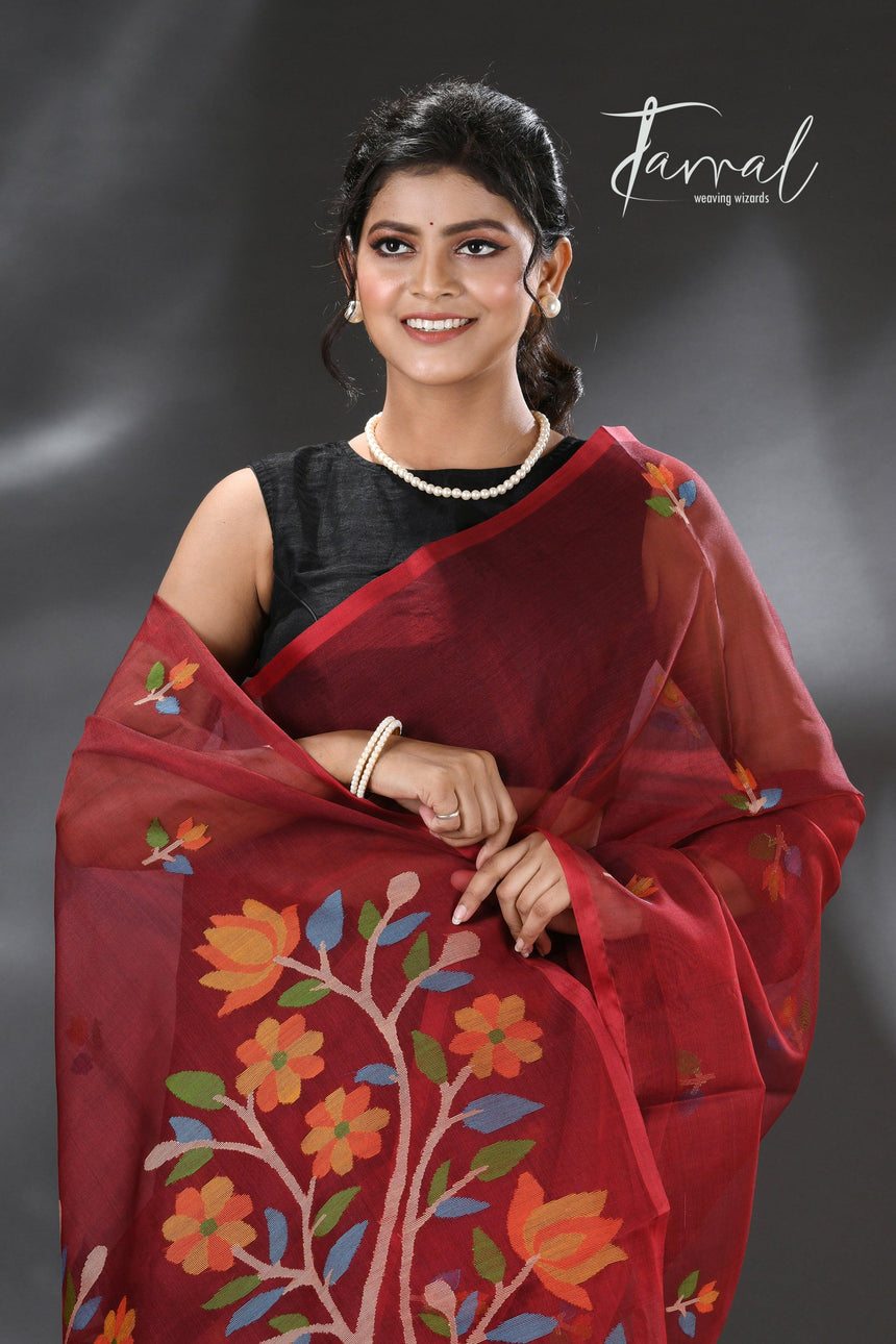 Maroon floral handwoven muslin silk jamdani saree - Tamal Boutique
