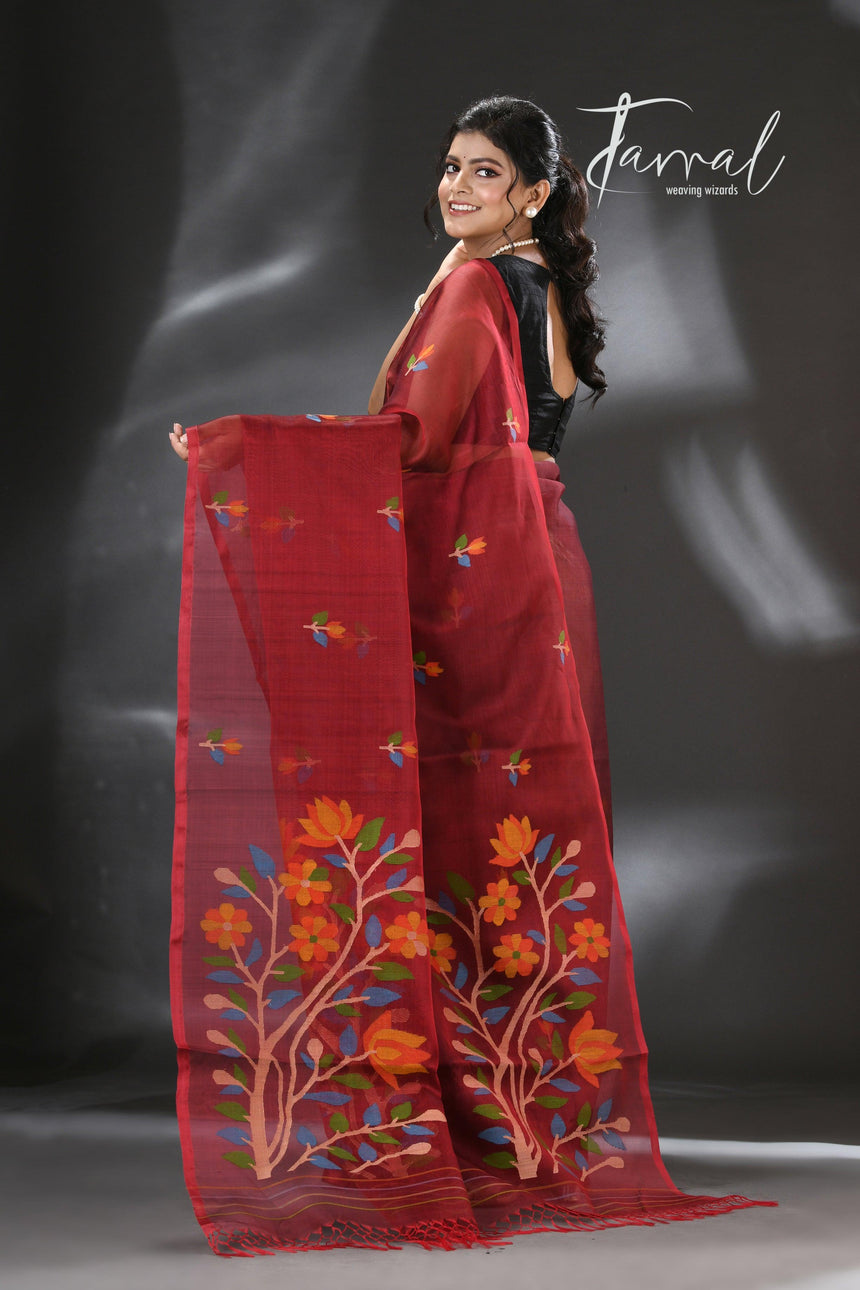 Maroon floral handwoven muslin silk jamdani saree - Tamal Boutique