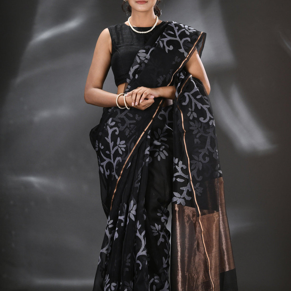 Cream Colour Muslin Saree with Black Stripes
