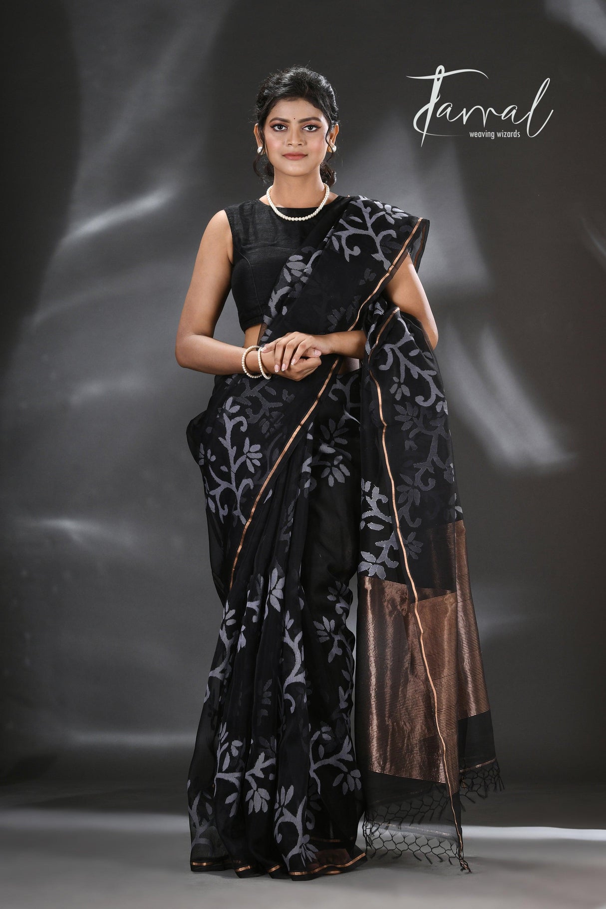 Black with white allover floral handwoven jamdani in muslin silk saree - Tamal Boutique