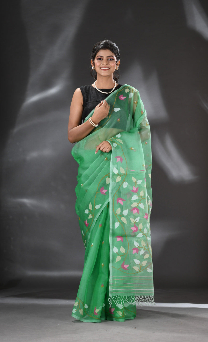 Seafoam green with other colour floral lata border muslin silk handwoven jamdani saree - Tamal Boutique