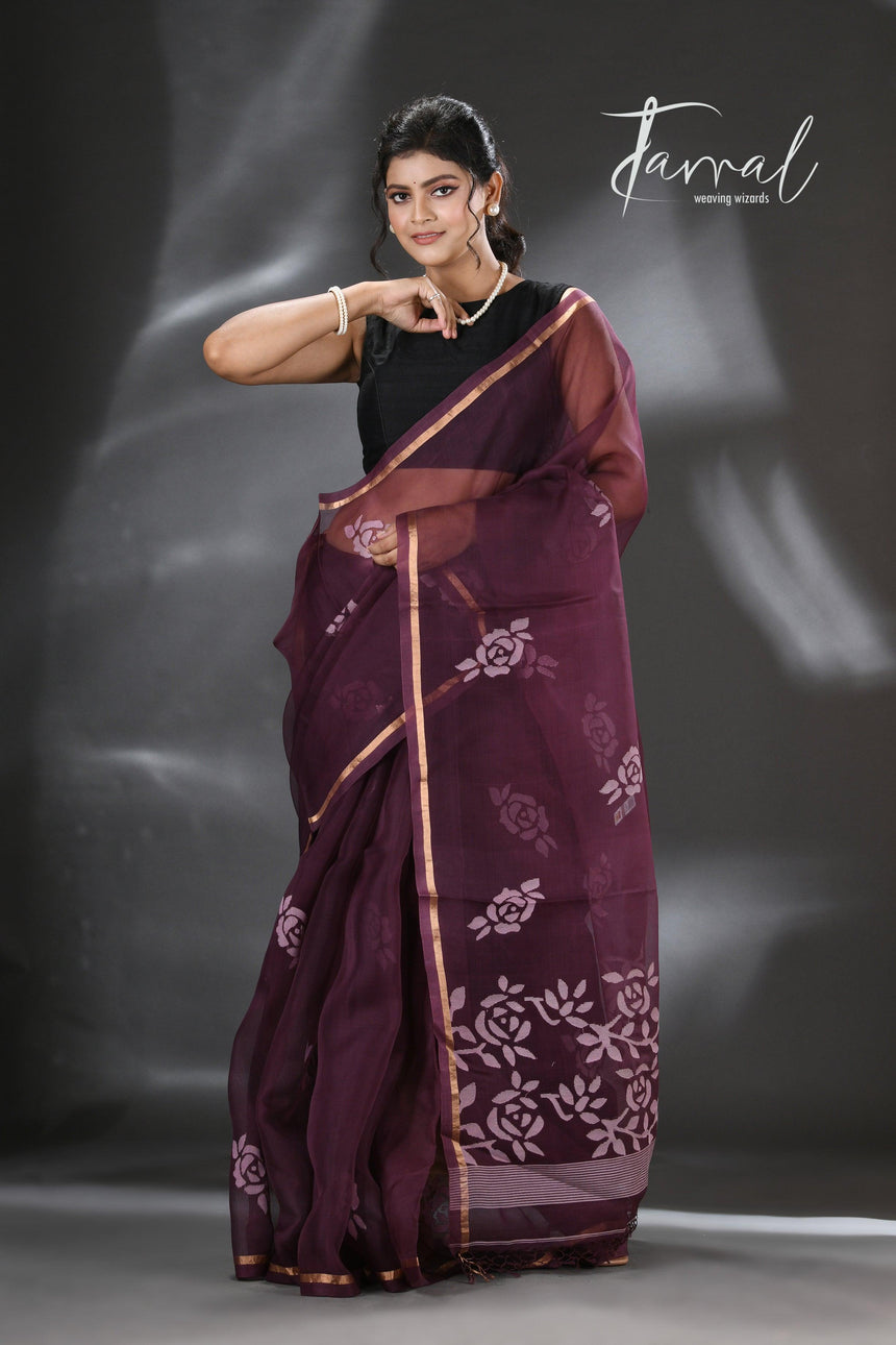 Chocolate brown rose motifs muslin silk handwoven jamdani saree - Tamal Boutique