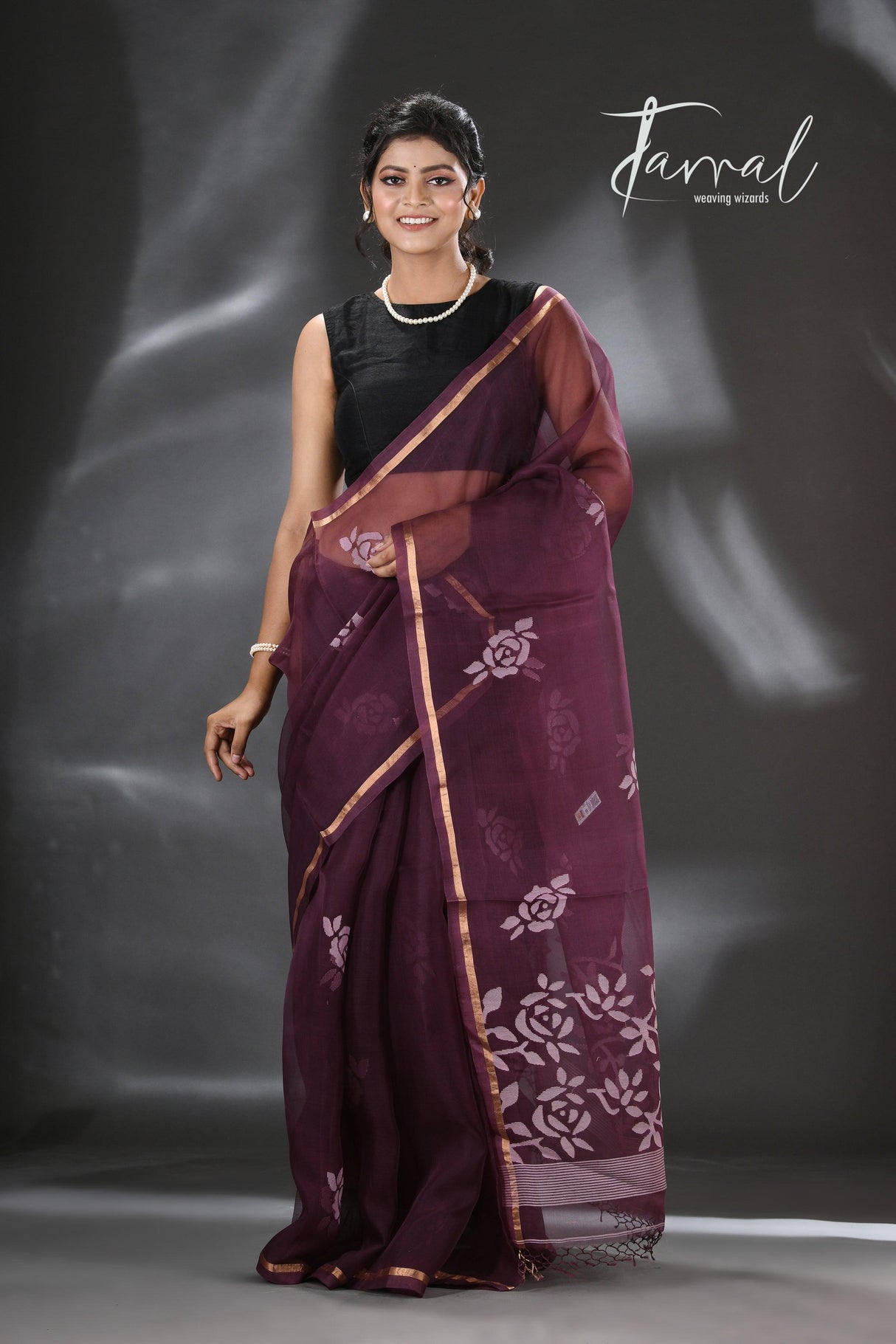 Chocolate brown rose motifs muslin silk handwoven jamdani saree - Tamal Boutique