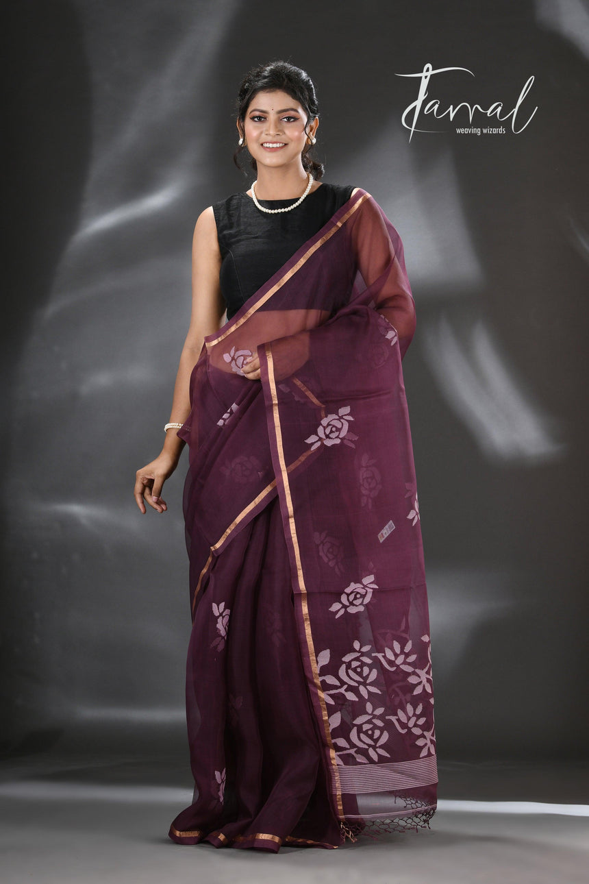 Chocolate brown rose motifs muslin silk handwoven jamdani saree - Tamal Boutique