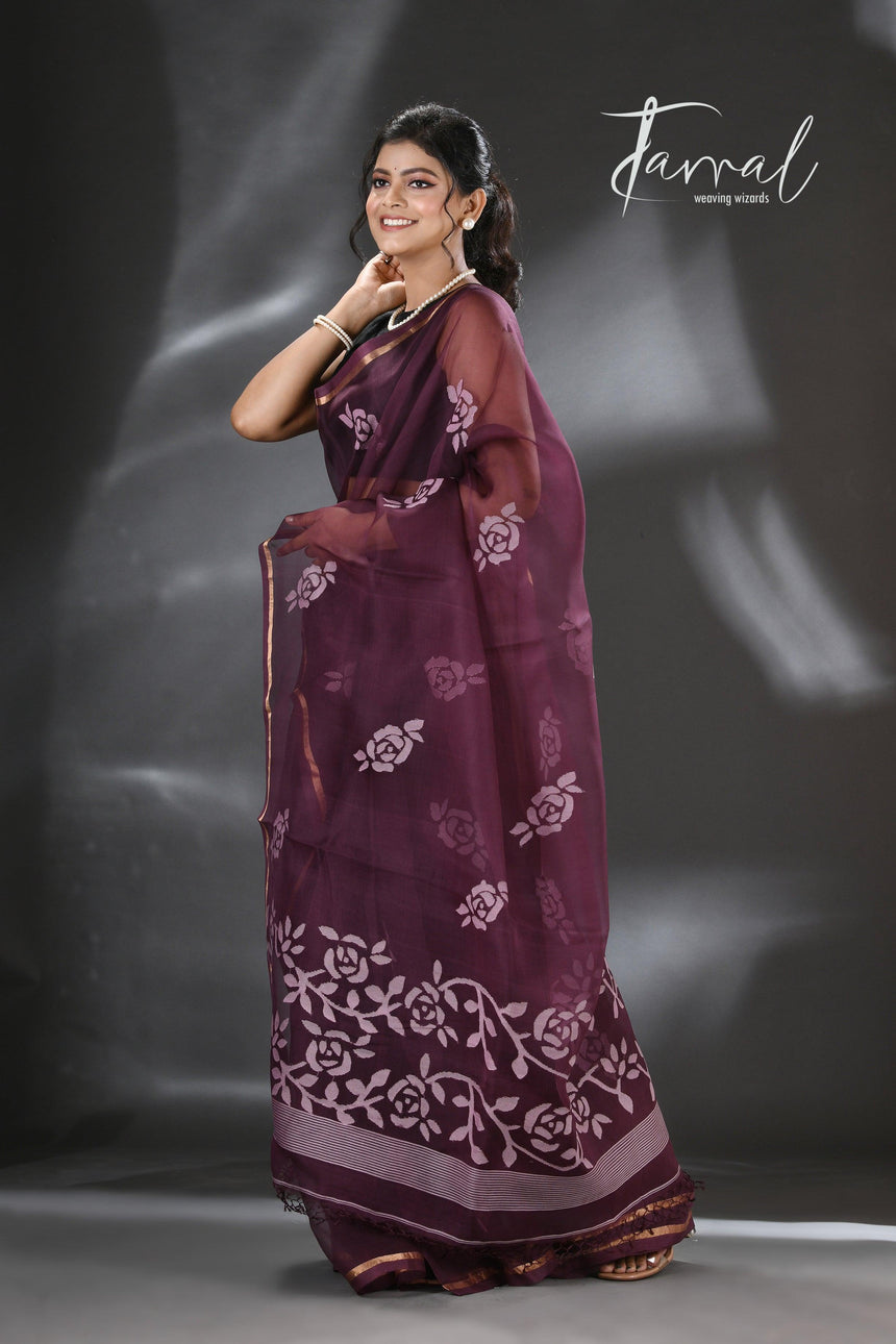 Chocolate brown rose motifs muslin silk handwoven jamdani saree - Tamal Boutique