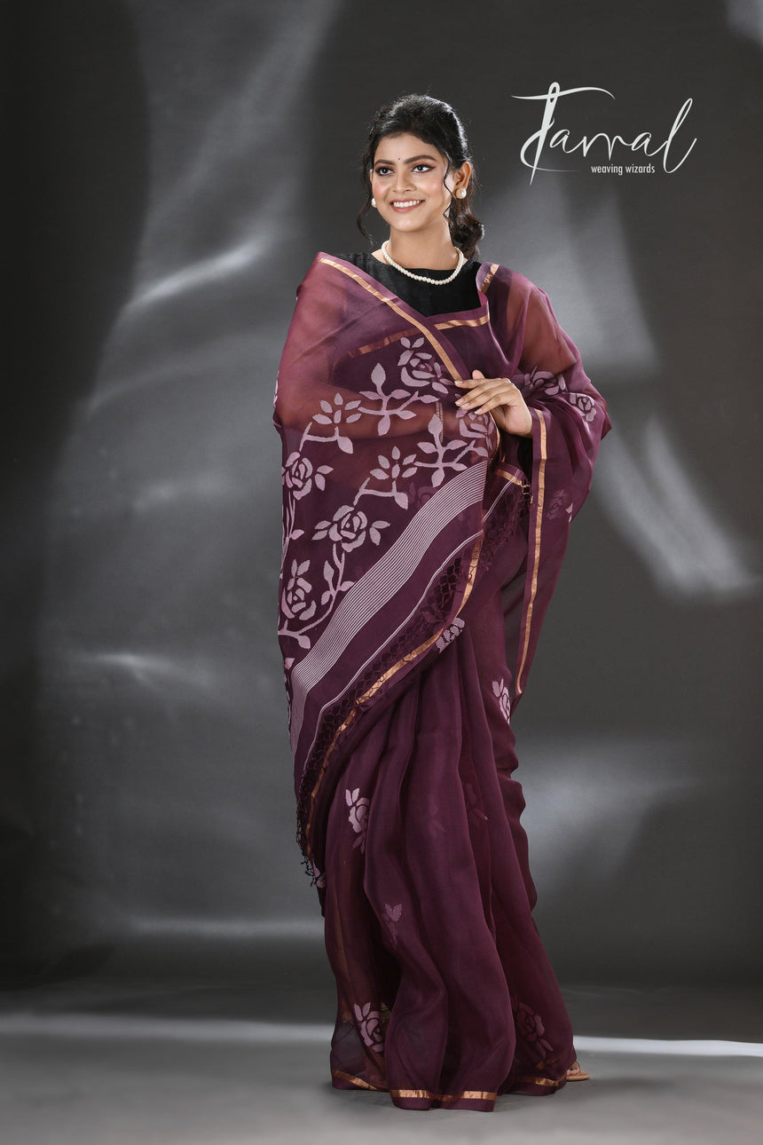Chocolate brown rose motifs muslin silk handwoven jamdani saree - Tamal Boutique