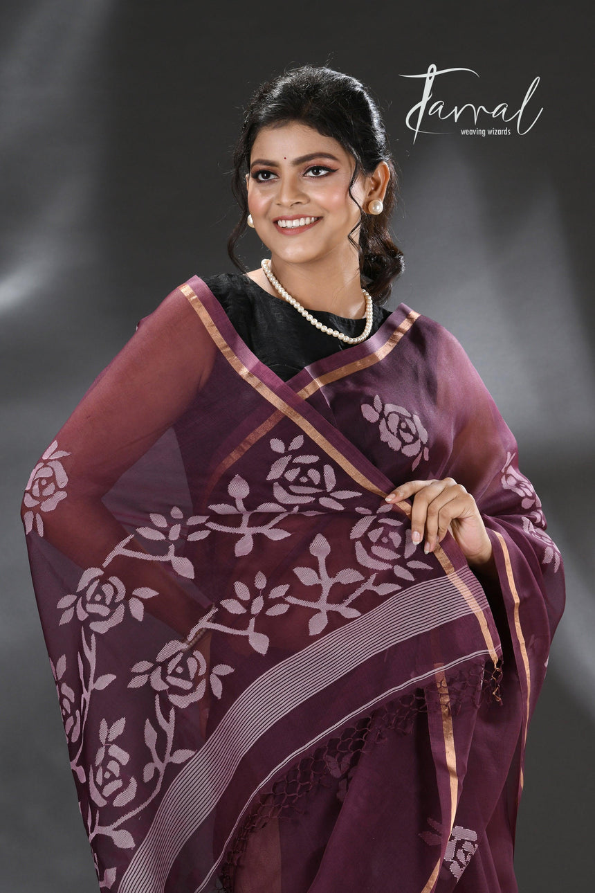 Chocolate brown rose motifs muslin silk handwoven jamdani saree - Tamal Boutique