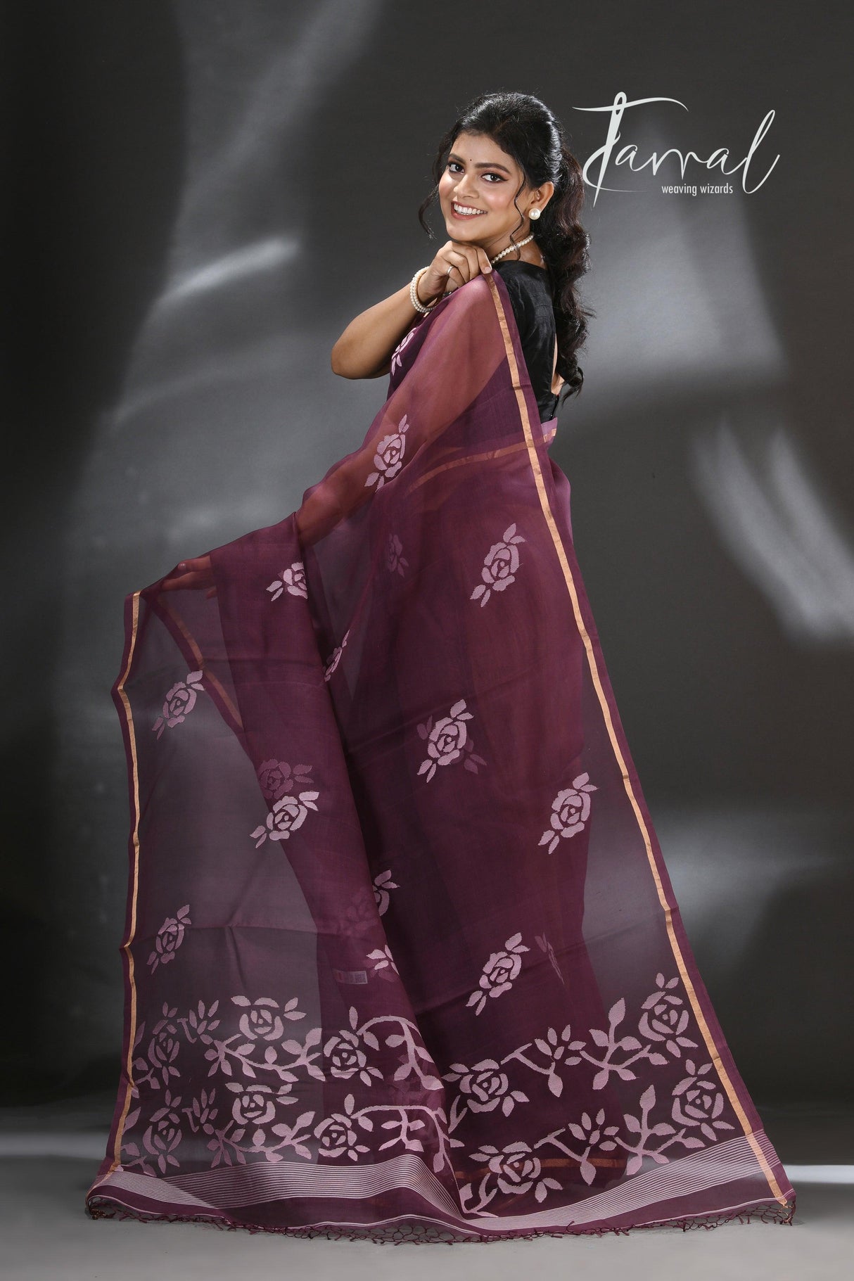 Chocolate brown rose motifs muslin silk handwoven jamdani saree - Tamal Boutique