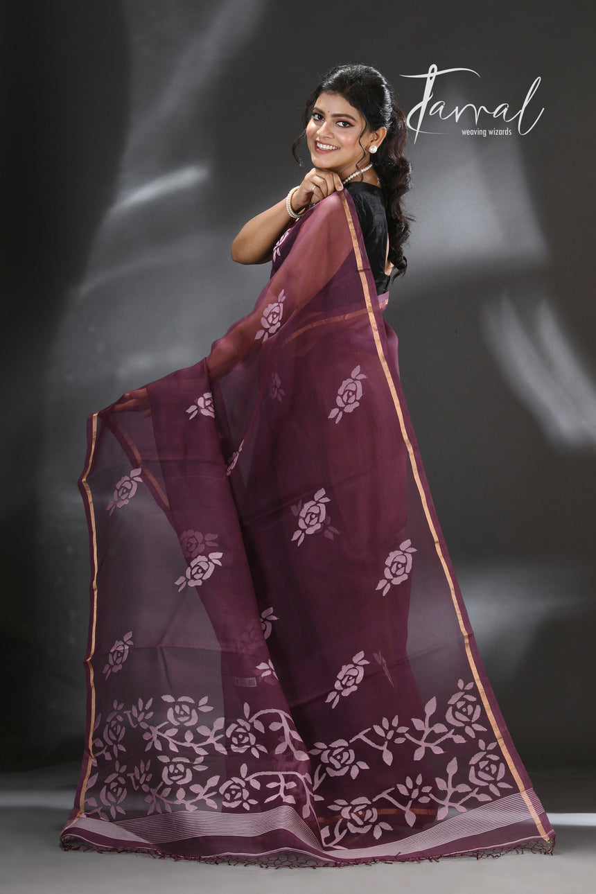 Chocolate brown rose motifs muslin silk handwoven jamdani saree - Tamal Boutique