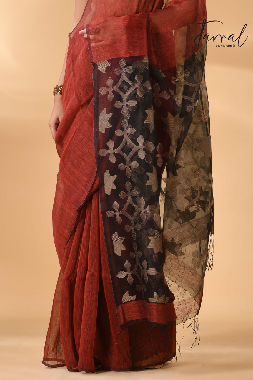 Maroon with black star pallu silk linen handwoven jamdani saree - Tamal Boutique
