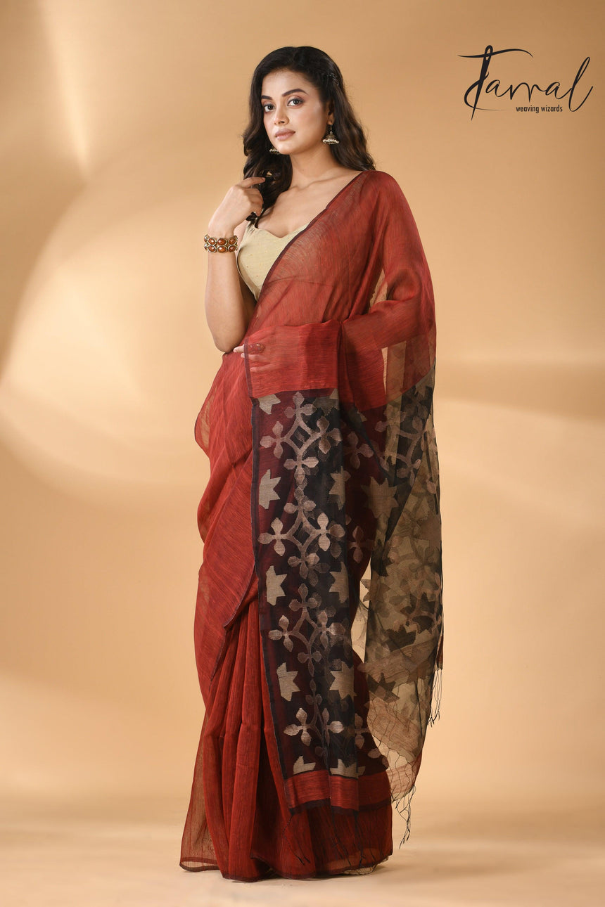 Maroon with black star pallu silk linen handwoven jamdani saree - Tamal Boutique
