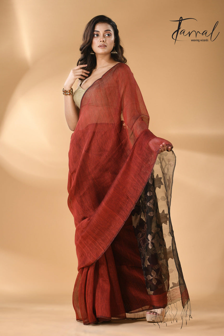 Maroon with black star pallu silk linen handwoven jamdani saree - Tamal Boutique