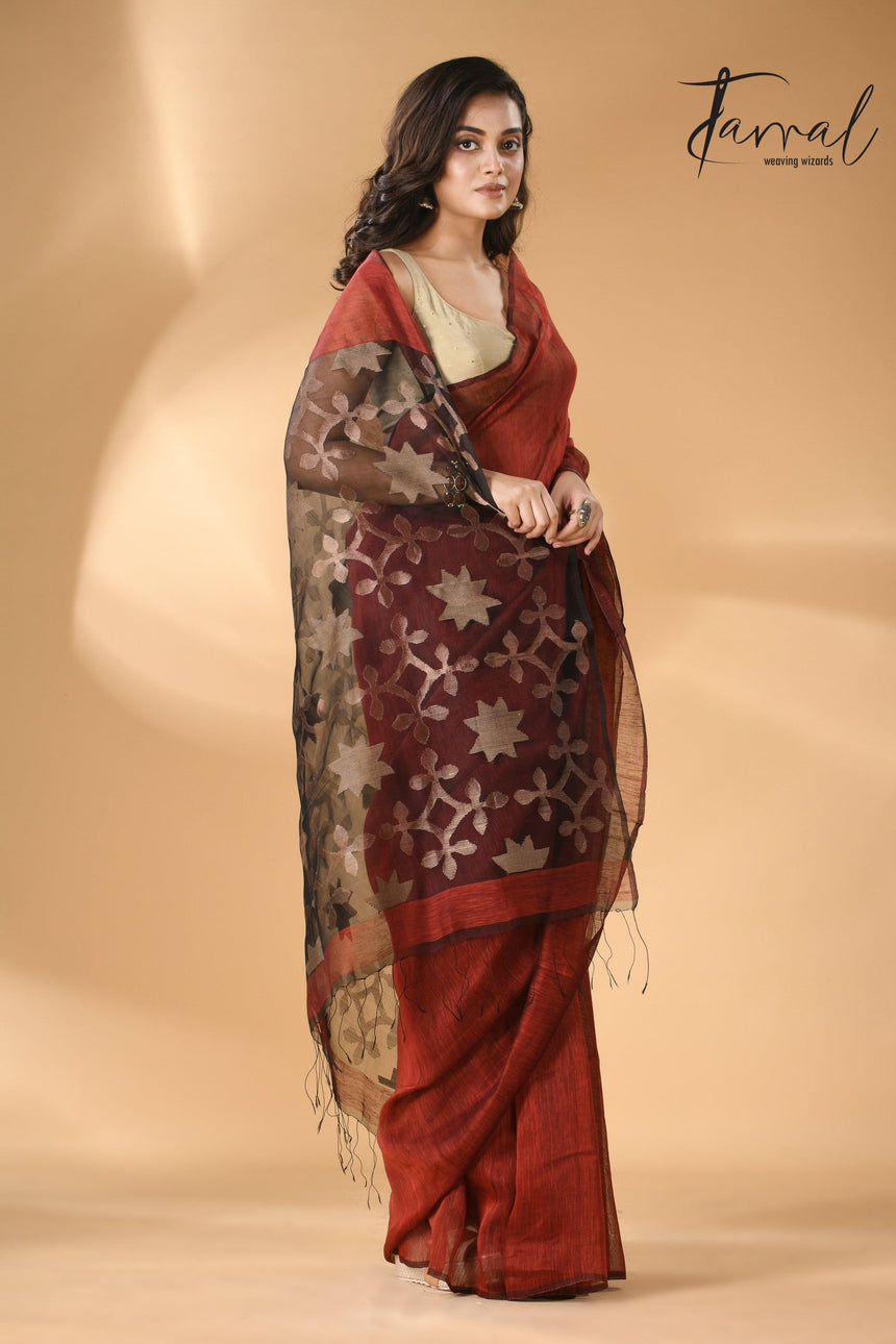 Maroon with black star pallu silk linen handwoven jamdani saree - Tamal Boutique