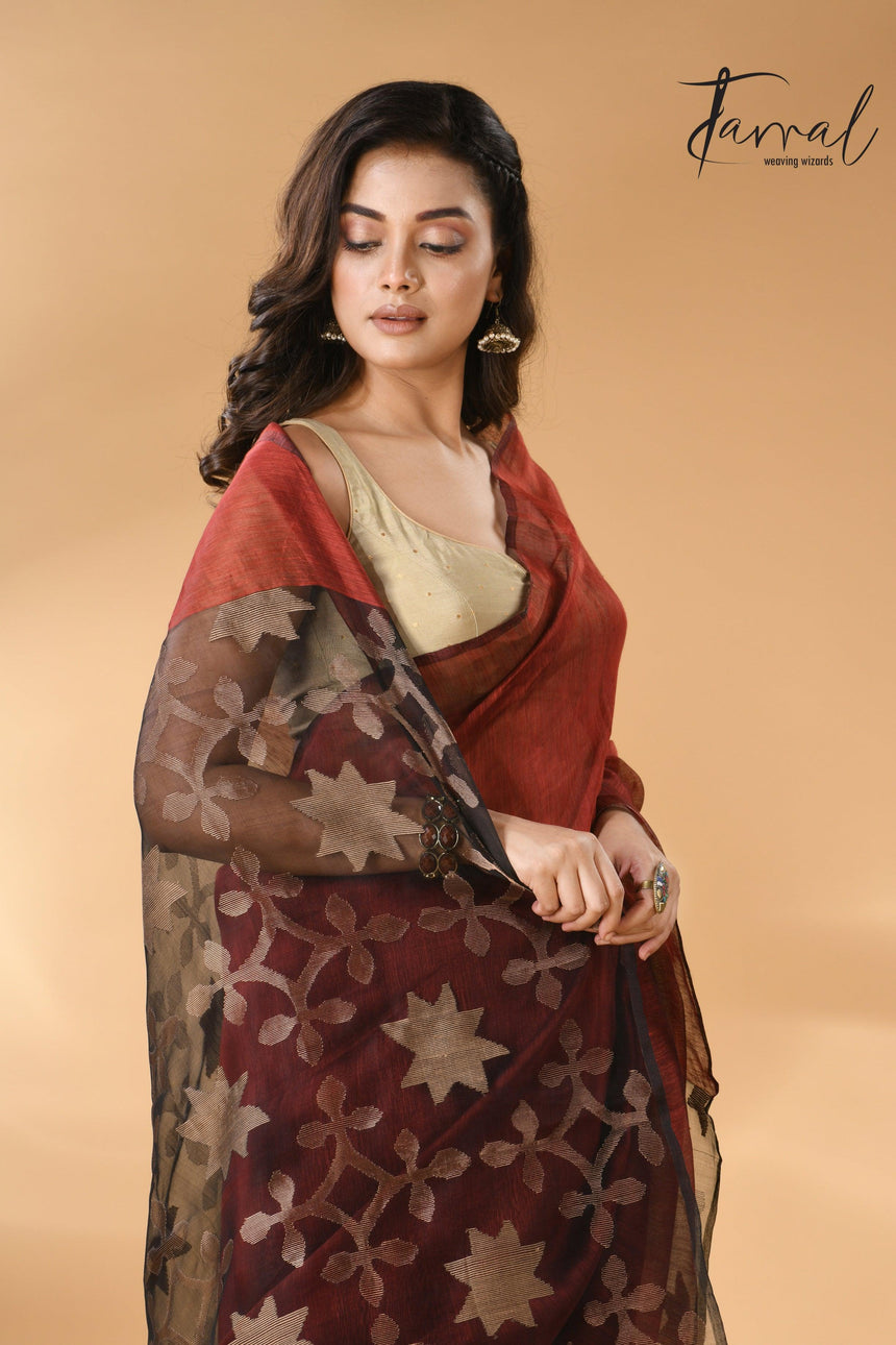 Maroon with black star pallu silk linen handwoven jamdani saree - Tamal Boutique