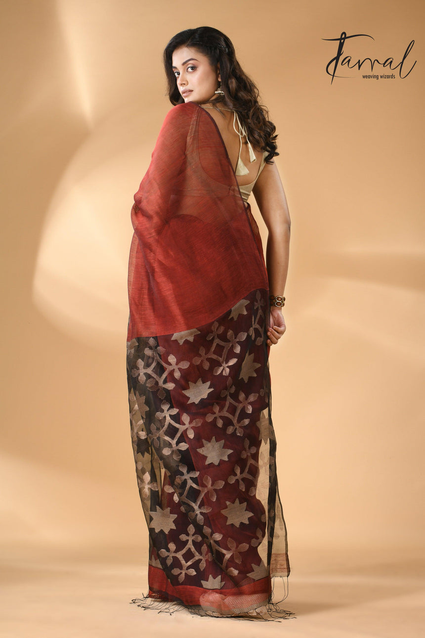 Maroon with black star pallu silk linen handwoven jamdani saree - Tamal Boutique