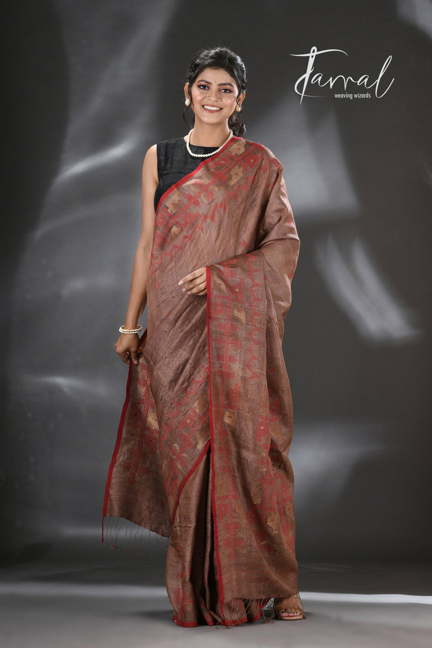 Chocolate Brown with Red Tussar SilkTraditional Handwoven Jamdani Saree - Tamal Boutique