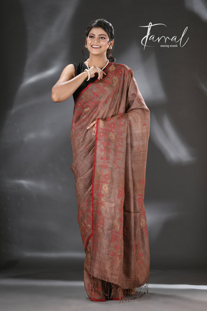 Chocolate Brown with Red Tussar SilkTraditional Handwoven Jamdani Saree - Tamal Boutique