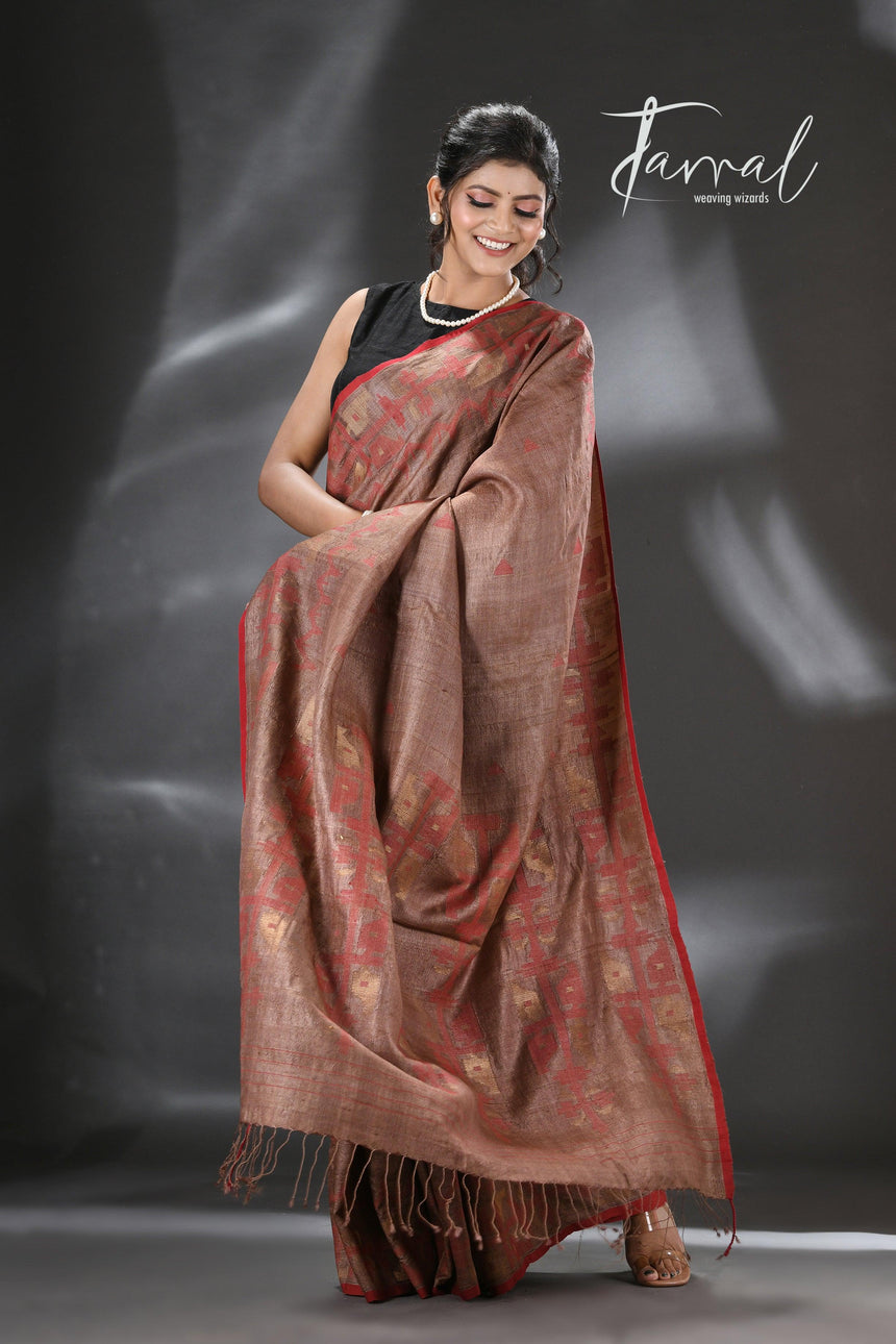 Chocolate Brown with Red Tussar SilkTraditional Handwoven Jamdani Saree - Tamal Boutique