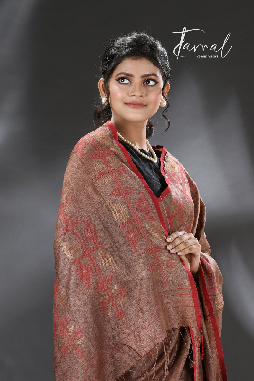 Chocolate Brown with Red Tussar SilkTraditional Handwoven Jamdani Saree - Tamal Boutique
