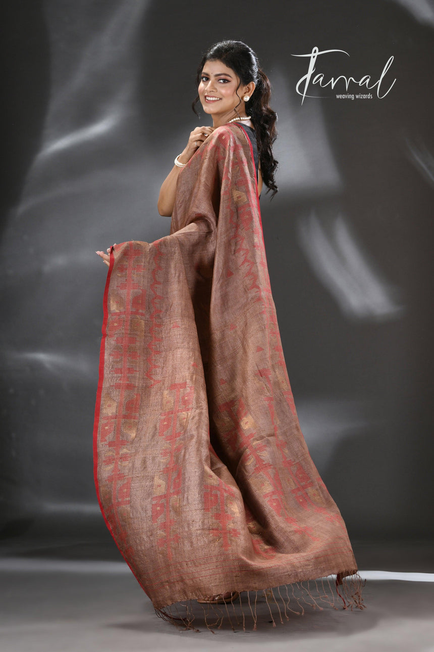 Chocolate Brown with Red Tussar SilkTraditional Handwoven Jamdani Saree - Tamal Boutique