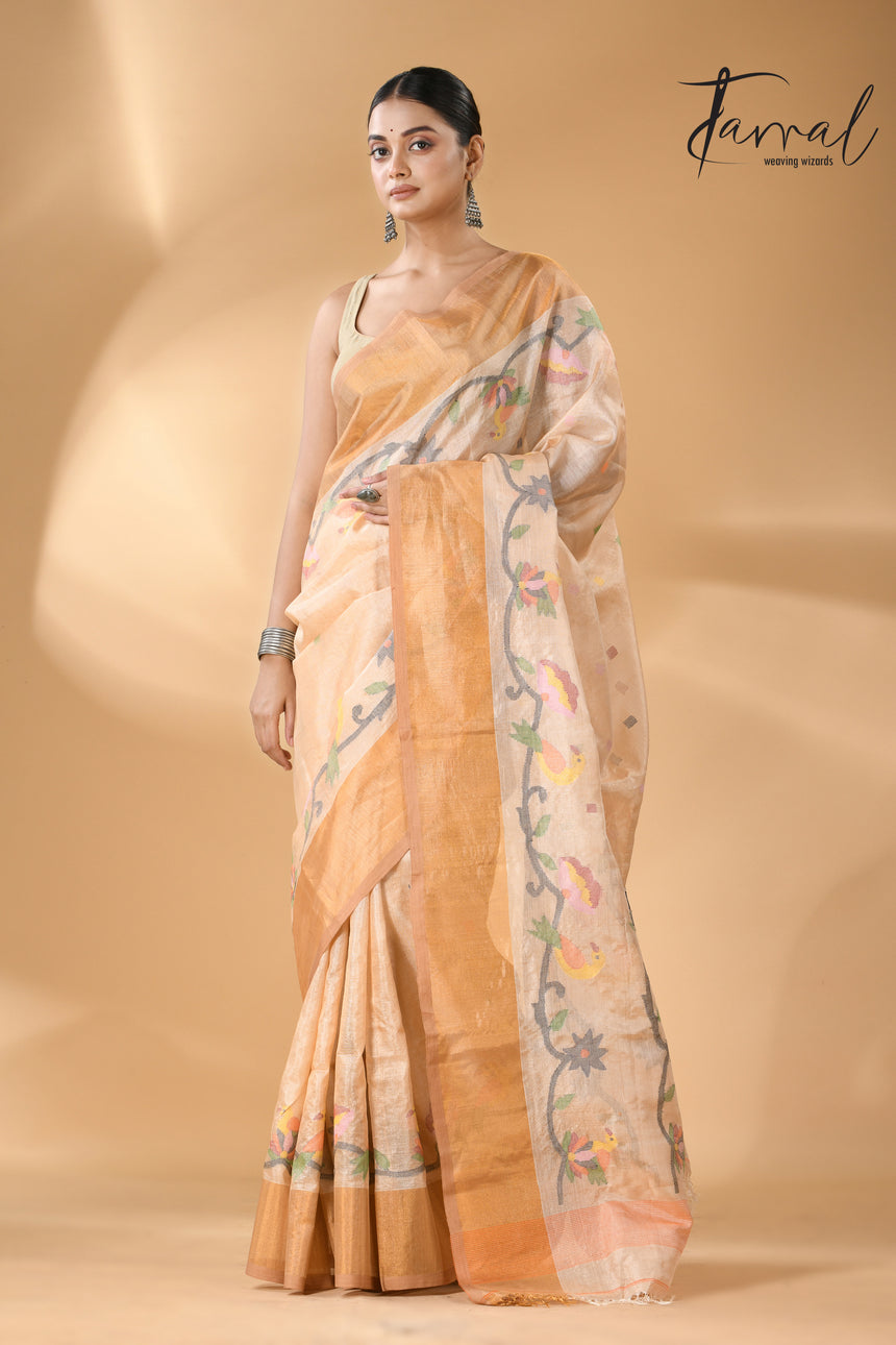 Traditional Beige Tussar Silk handwoven jamdani Saree with Bird Pallu