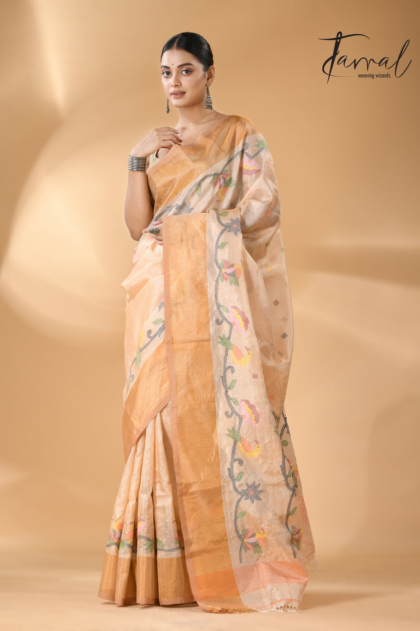 Traditional Beige Tussar Silk handwoven jamdani Saree with Bird Pallu