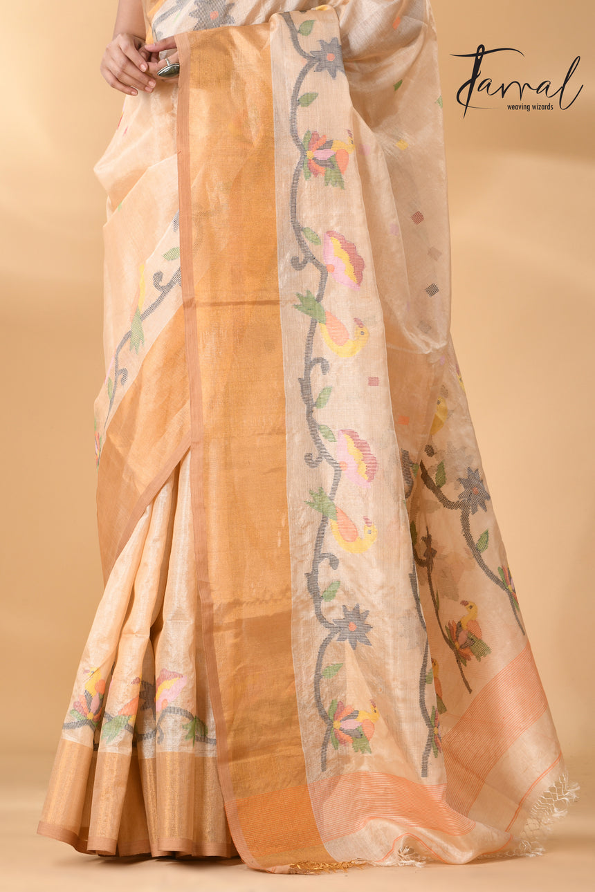 Traditional Beige Tussar Silk handwoven jamdani Saree with Bird Pallu