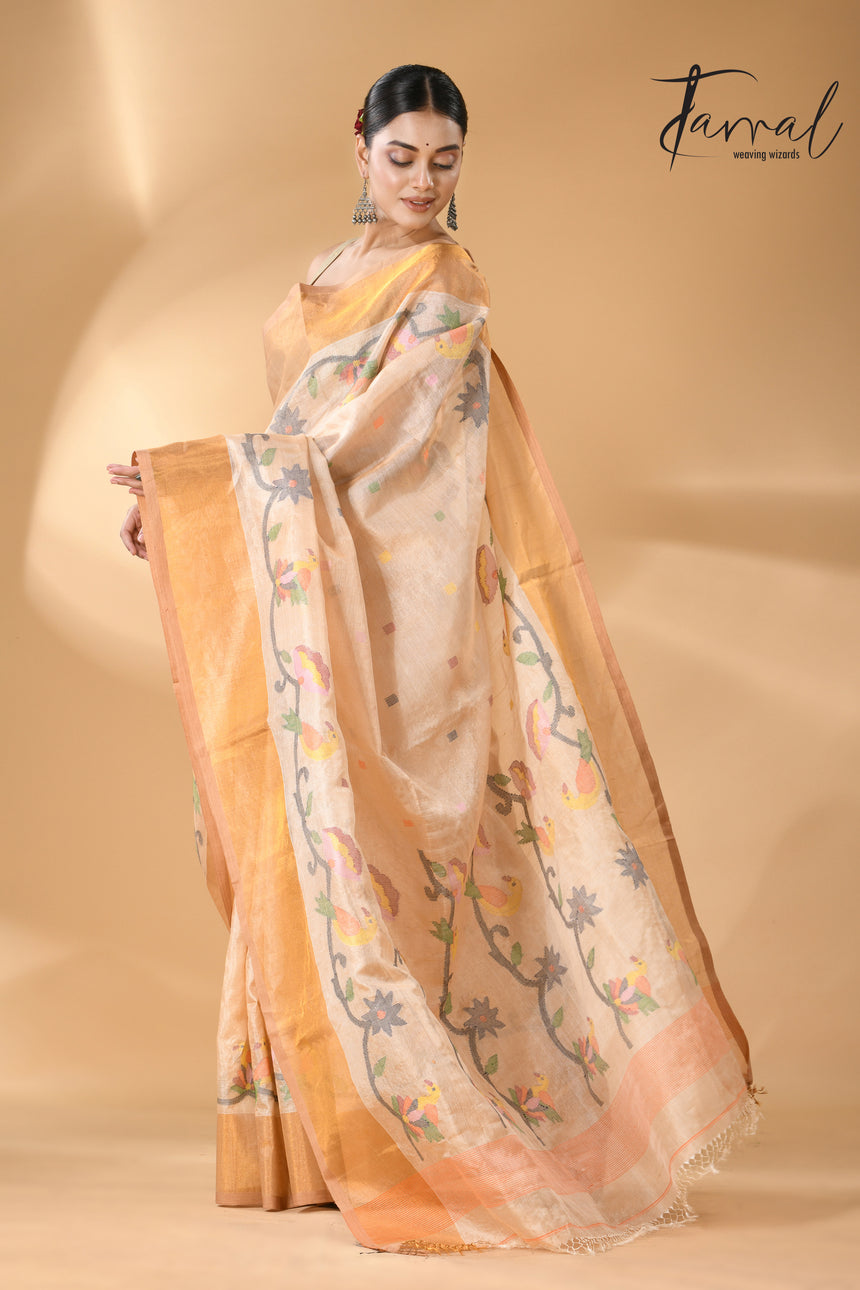 Traditional Beige Tussar Silk handwoven jamdani Saree with Bird Pallu