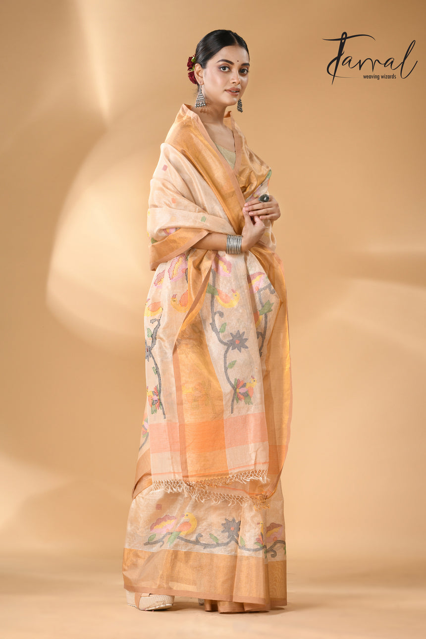 Traditional Beige Tussar Silk handwoven jamdani Saree with Bird Pallu