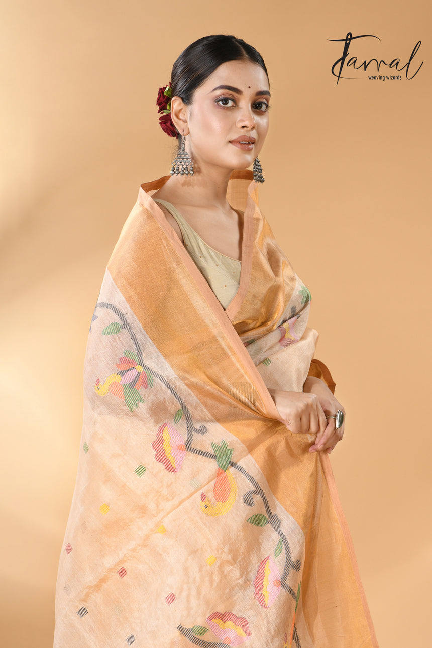Traditional Beige Tussar Silk handwoven jamdani Saree with Bird Pallu