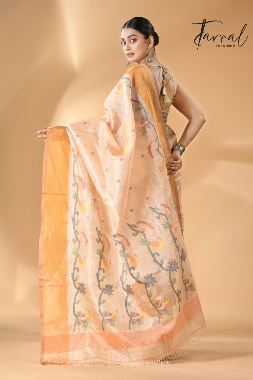 Traditional Beige Tussar Silk handwoven jamdani Saree with Bird Pallu