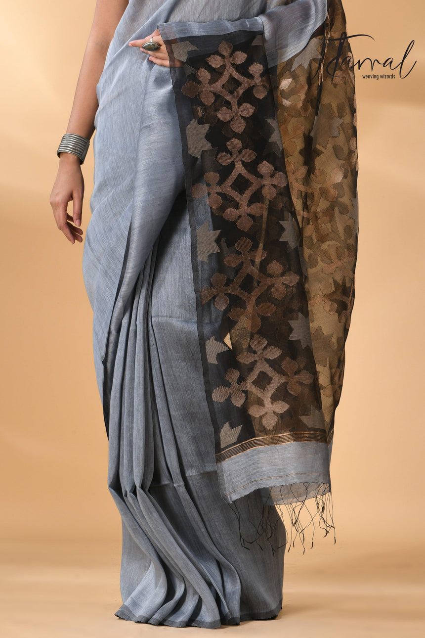 Majestic Grey star linen silk linen handwoven jamdani saree - Tamal Boutique
