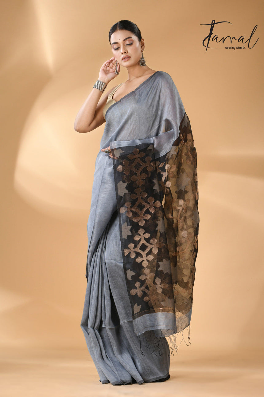 Majestic Grey star linen silk linen handwoven jamdani saree - Tamal Boutique