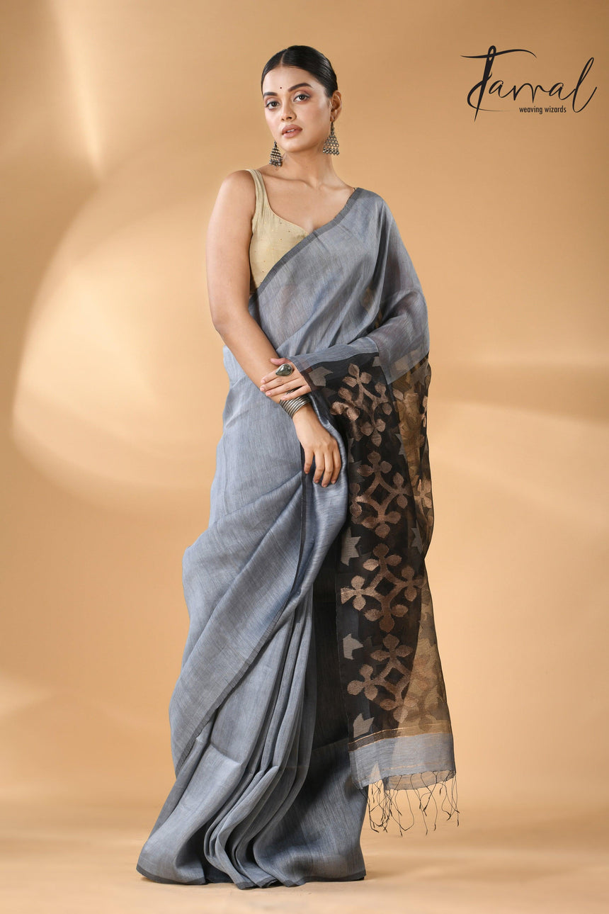 Majestic Grey star linen silk linen handwoven jamdani saree - Tamal Boutique