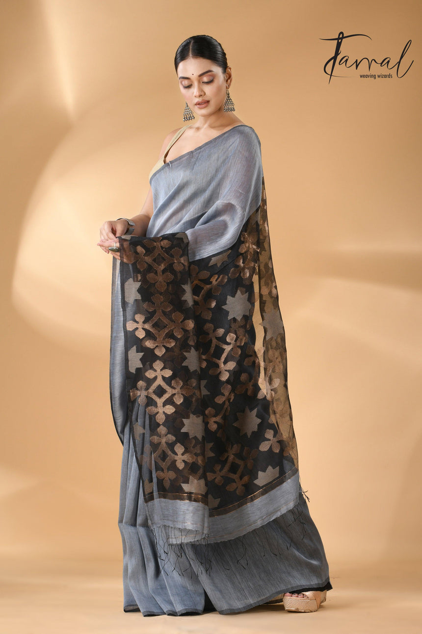 Majestic Grey star linen silk linen handwoven jamdani saree - Tamal Boutique