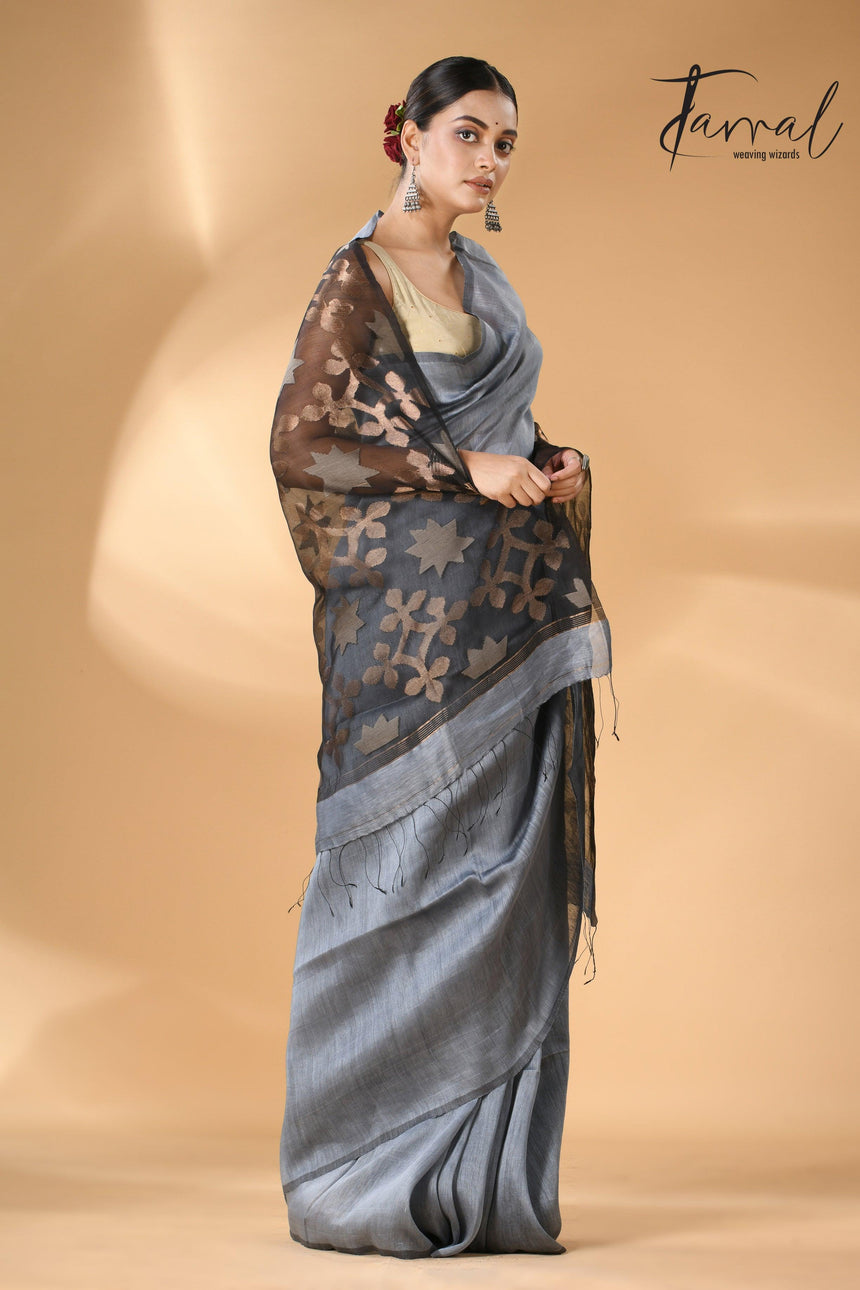 Majestic Grey star linen silk linen handwoven jamdani saree - Tamal Boutique