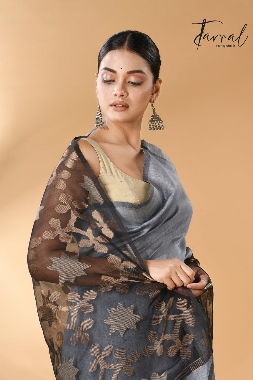 Majestic Grey star linen silk linen handwoven jamdani saree - Tamal Boutique