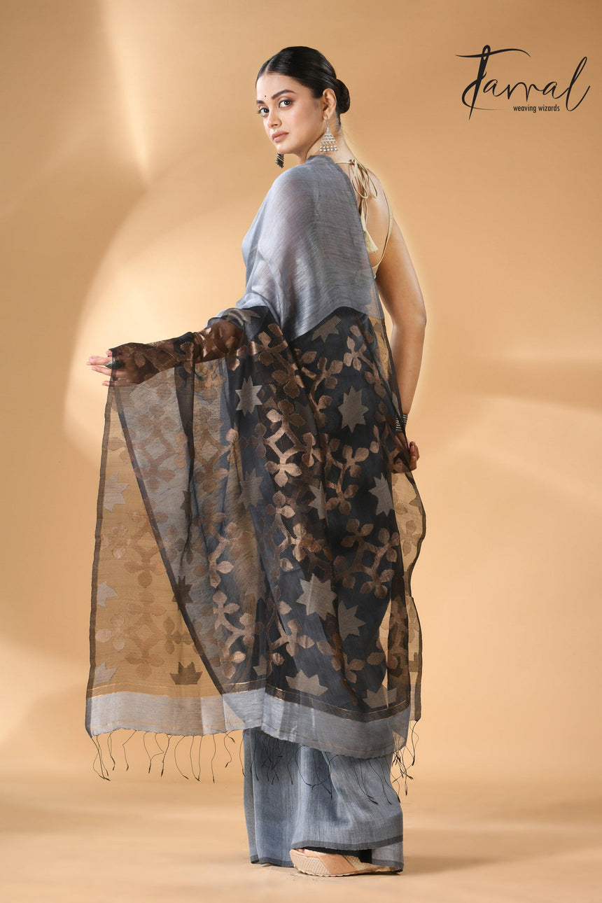 Majestic Grey star linen silk linen handwoven jamdani saree - Tamal Boutique