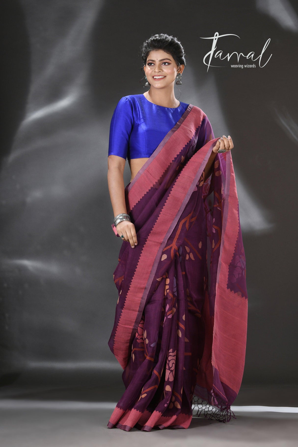 Mauve with multi colour allover rose motifs handwoven muslin silk jamdani saree - Tamal Boutique
