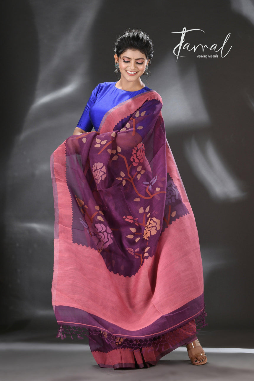 Mauve with multi colour allover rose motifs handwoven muslin silk jamdani saree - Tamal Boutique