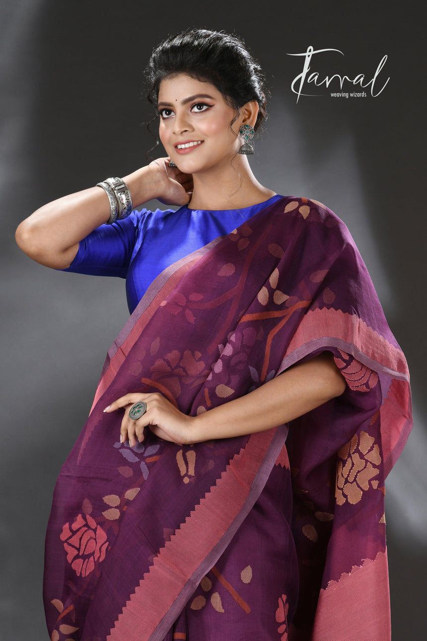 Mauve with multi colour allover rose motifs handwoven muslin silk jamdani saree - Tamal Boutique
