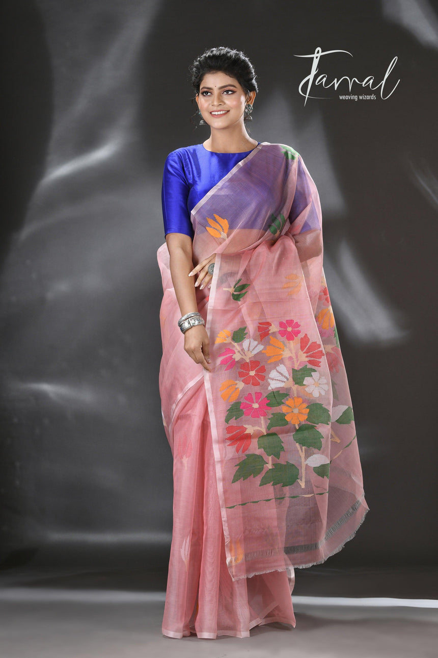 Pink with multi colour pallu floral with butas allover handwoven jamadani saree in muslin silk - Tamal Boutique